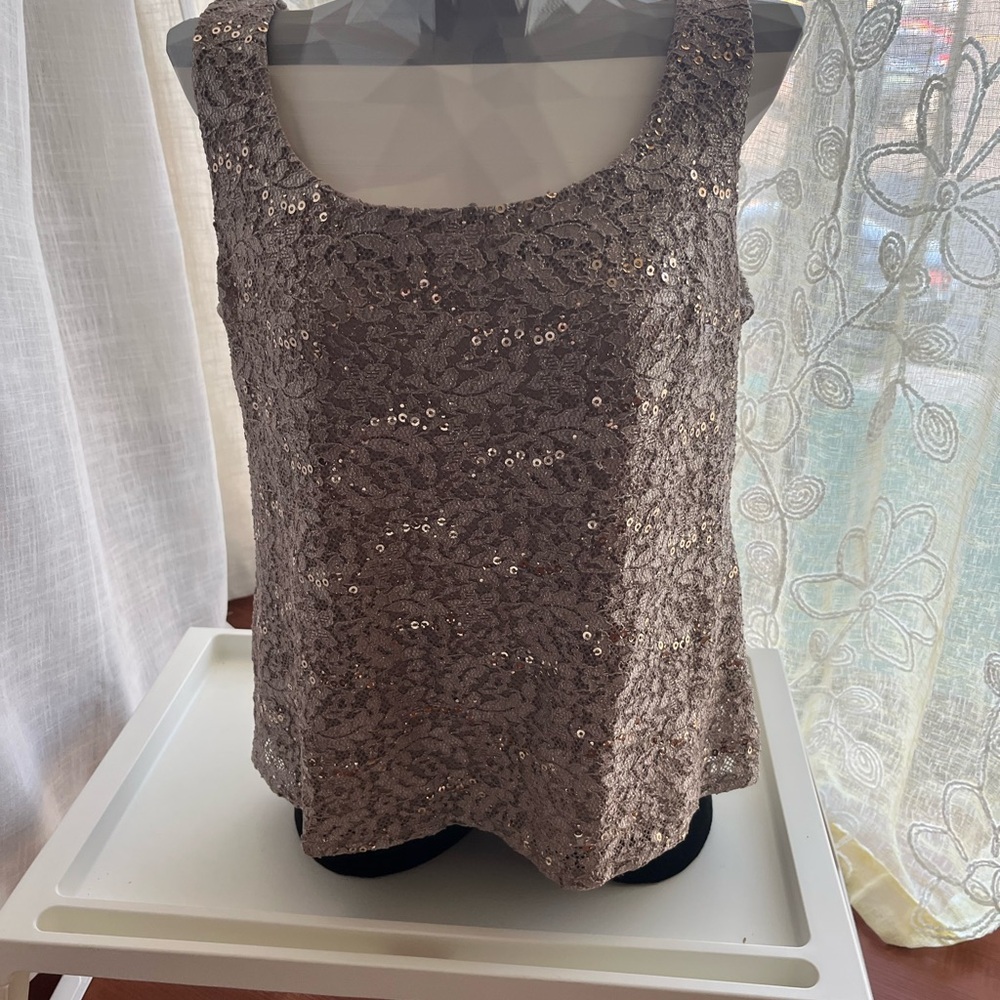 R&M Richards Petite Sequin Lace Top in Gold and Tan